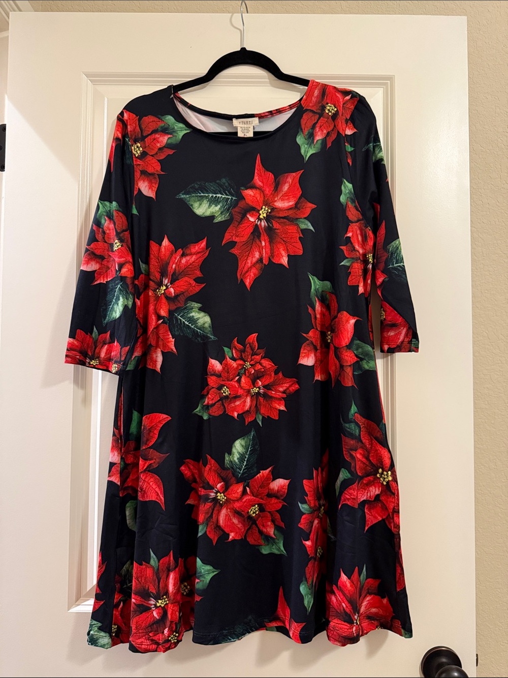 Yelete Black Dress with Red Poinsettia Print